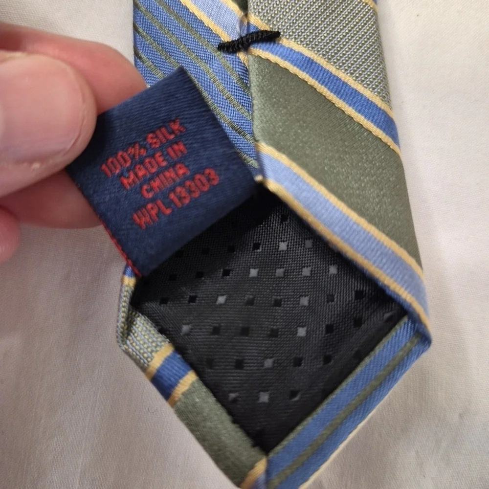 Rooster Mens Tie Green Blue Gold‎ Diagonal Stripe Silk Necktie Executive Office